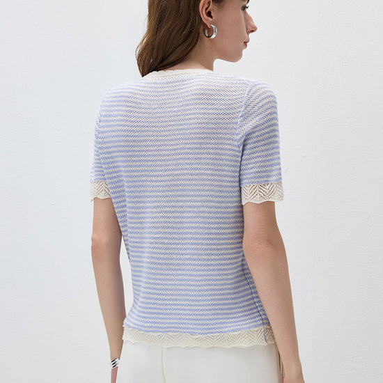 COMOBOCA Women's Drawstring Striped Lace Trim Knit T-Shirt