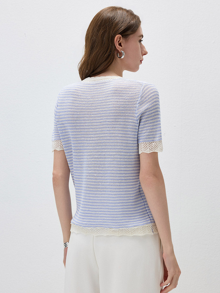 COMOBOCA Women's Drawstring Striped Lace Trim Knit T-Shirt