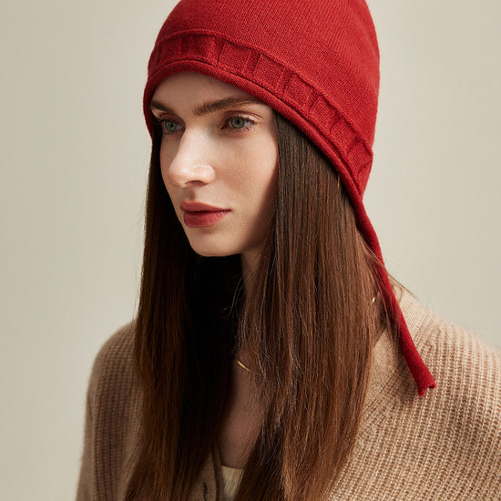 COMOBOCA 100% Cashmere Women's Knit Beanie with Ties