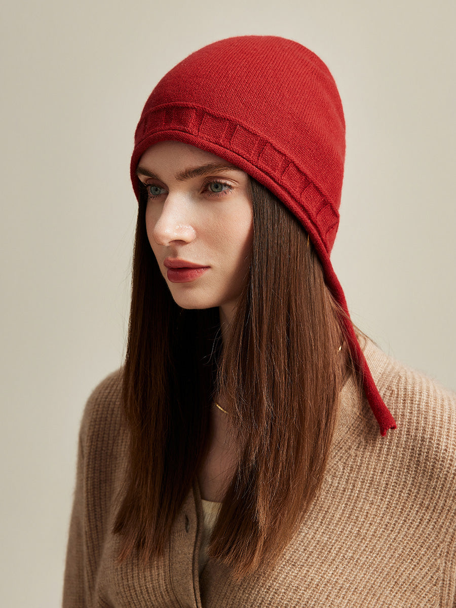 COMOBOCA 100% Cashmere Women's Knit Beanie with Ties