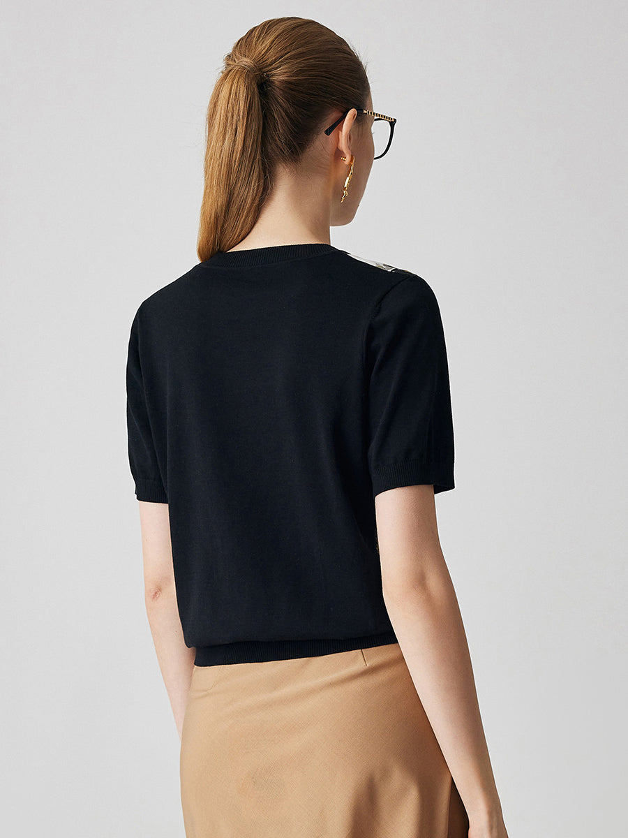 COMOBOCA Women's Cotton Silk Floral Ribbed Print Knit T-Shirt