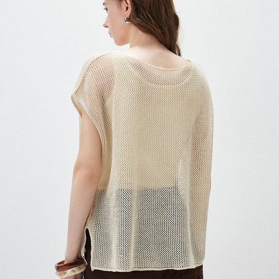 COMOBOCA Women's Sheer Mesh Knit Cap Sleeve Top with Side Slit