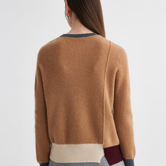 COMOBOCA 100% Cashmere Women's Color Block Ribbed Knit Sweater