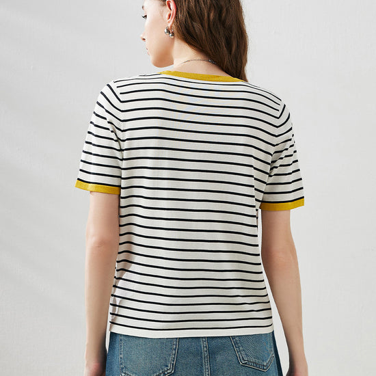 COMOBOCA Women's Striped Ribbed Contrast Trim T-Shirt