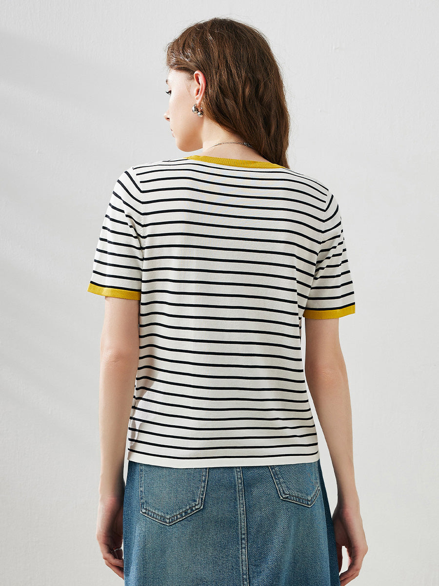 COMOBOCA Women's Striped Ribbed Contrast Trim T-Shirt