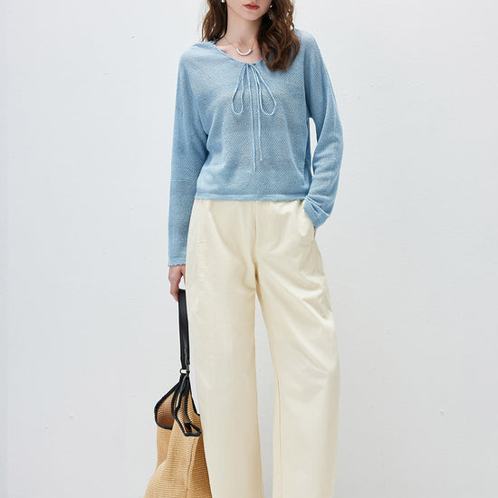 COMOBOCA Women's Tie-Neck Waffle Knit Top