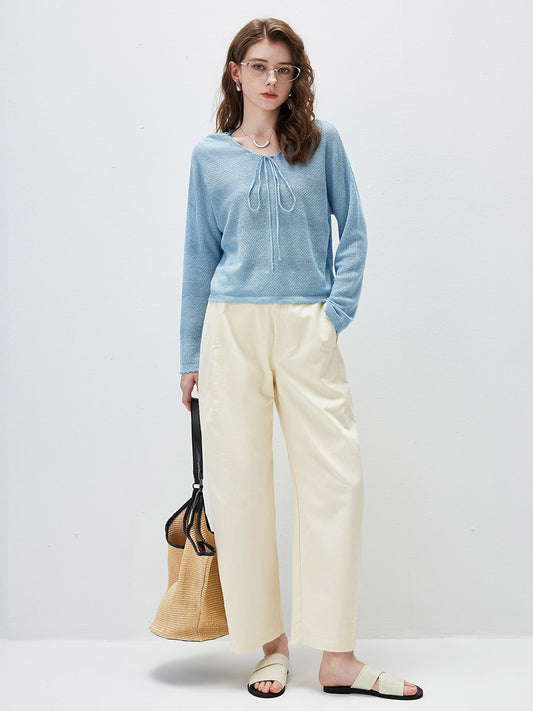 COMOBOCA Women's Tie-Neck Waffle Knit Top