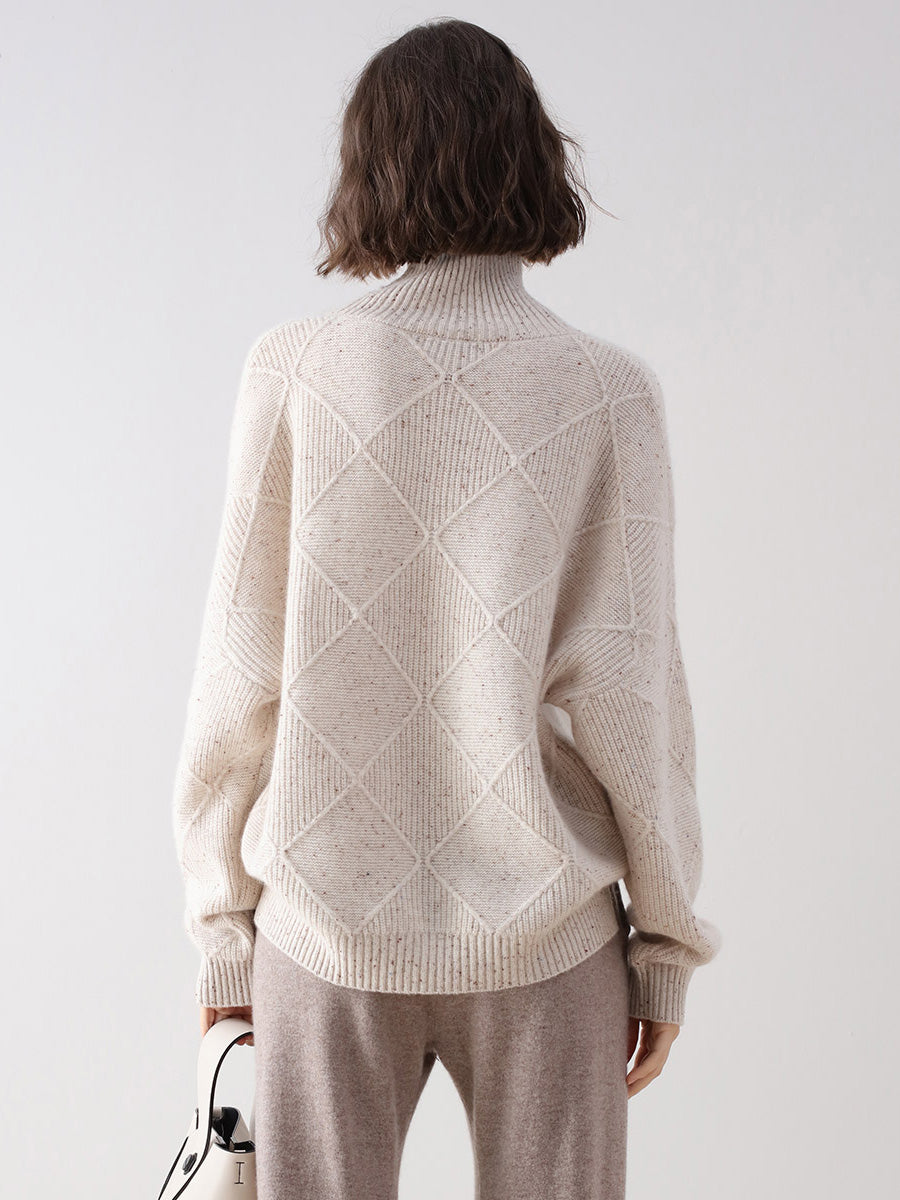 COMOBOCA 100% Cashmere Women's Diamond Knit Turtleneck Sweater