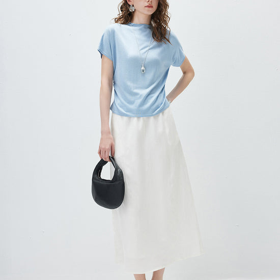 COMOBOCA Women's Side Ruched Mock Neck Knit T-Shirt