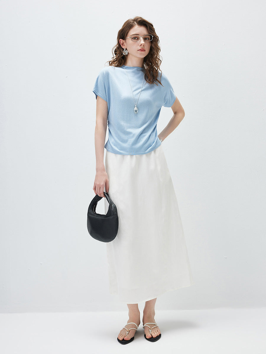 COMOBOCA Women's Side Ruched Mock Neck Knit T-Shirt