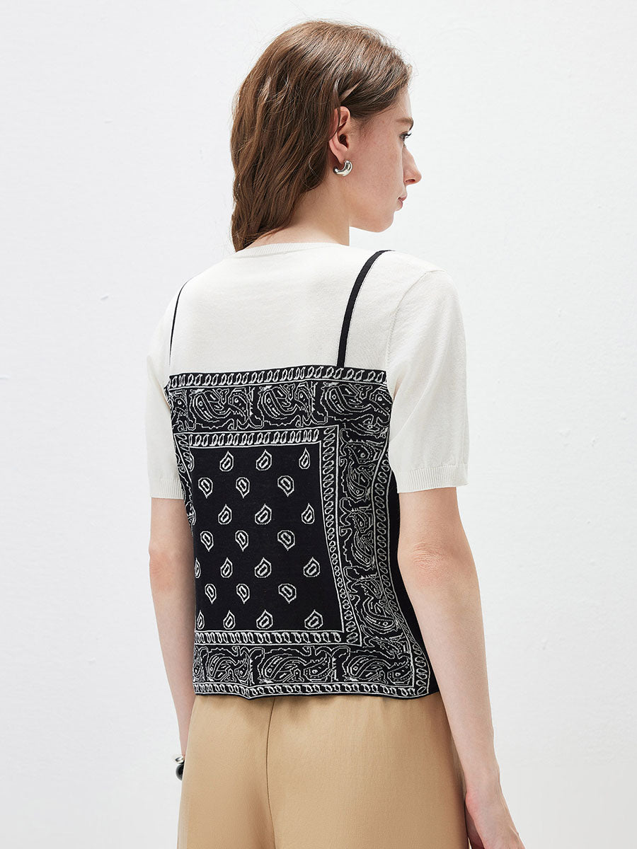 COMOBOCA Women's 2-in-1 Bandana Print Knit Top