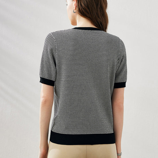 COMOBOCA Women's Houndstooth Pattern Knit T-Shirt