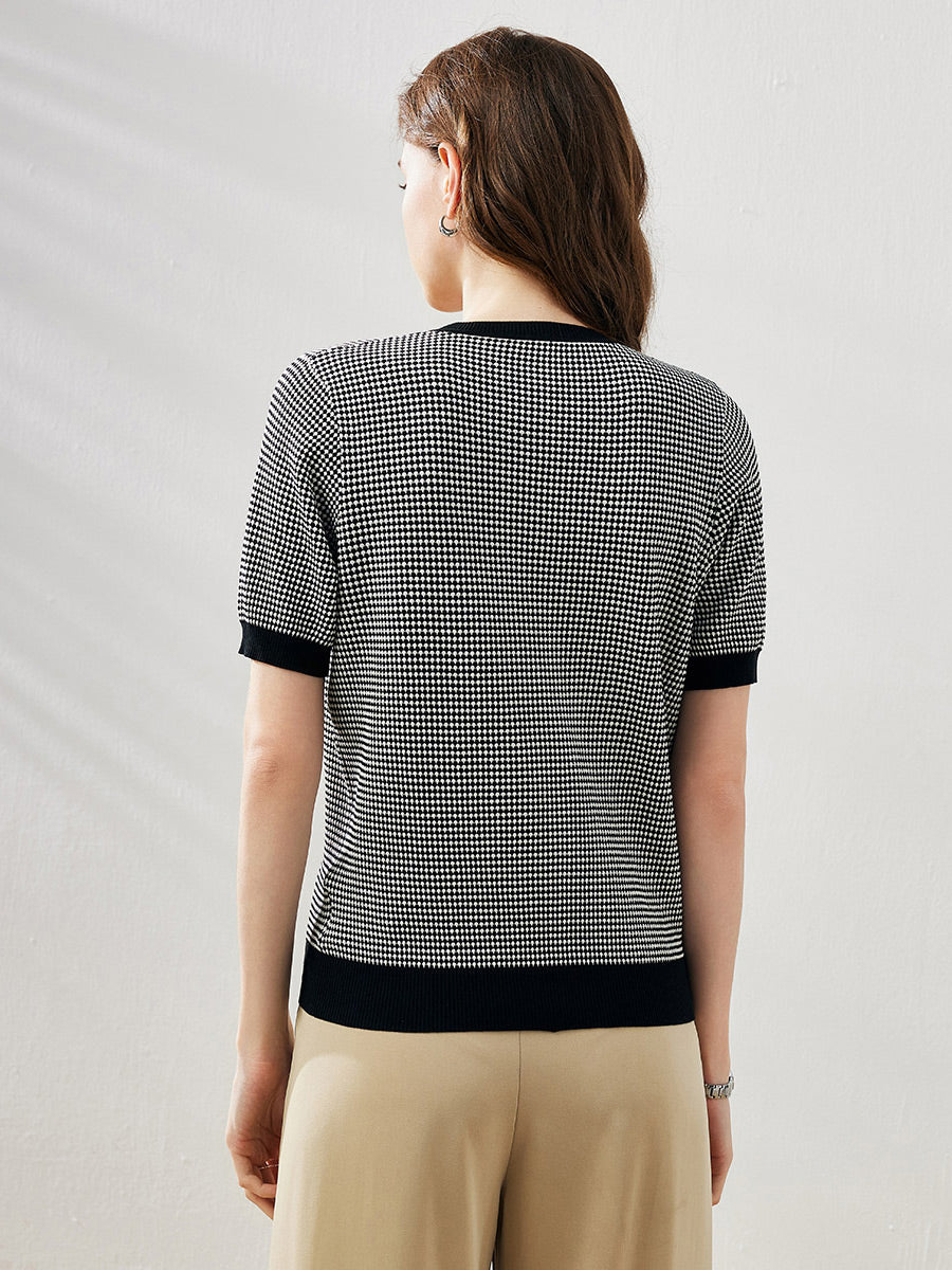 COMOBOCA Women's Houndstooth Pattern Knit T-Shirt