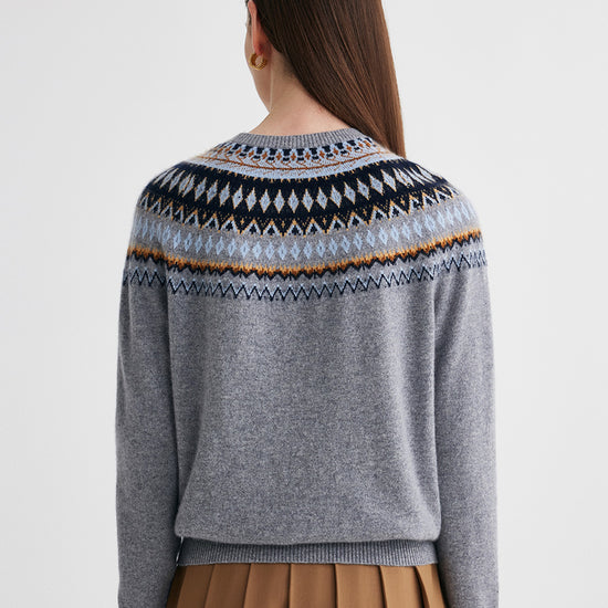 COMOBOCA 100% Cashmere Women's Fair Isle Round Neck Sweater