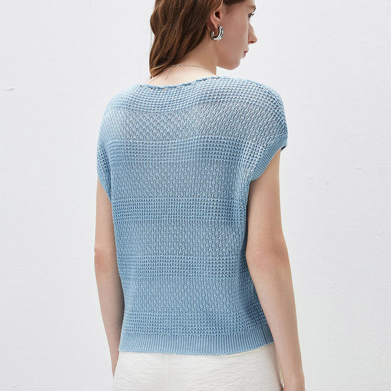 COMOBOCA Women's Tie-Neck Textured Knit Cap Sleeve Top