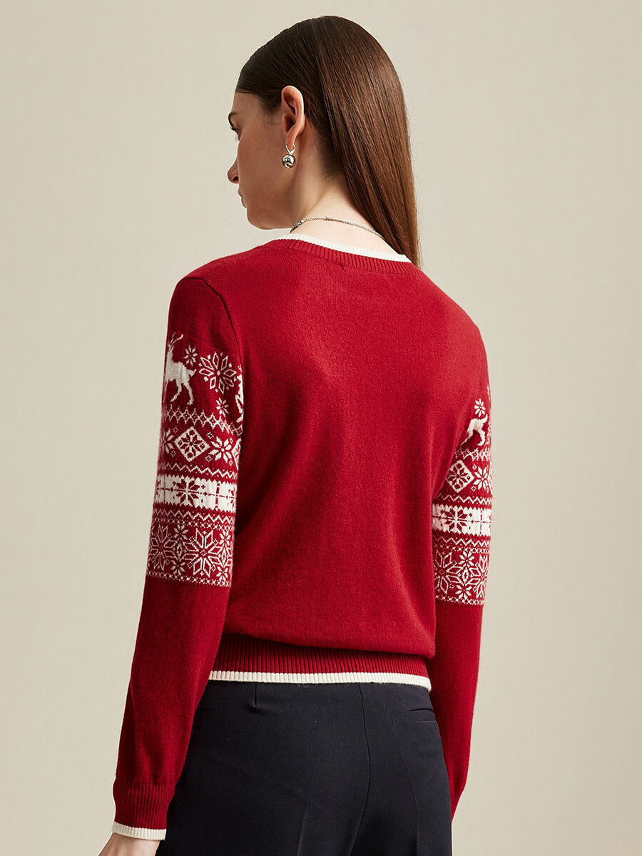 COMOBOCA 100% Cashmere Women's Nordic Reindeer Knit Sweater