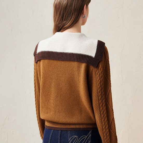 COMOBOCA 100% Wool Women's Cable Knit Sweater with Bow Collar