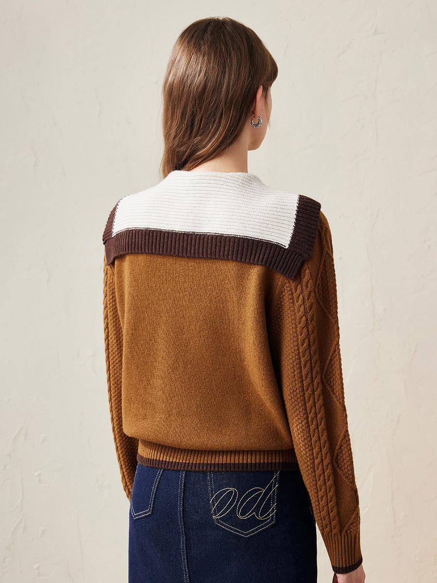 COMOBOCA 100% Wool Women's Cable Knit Sweater with Bow Collar