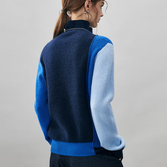COMOBOCA 100% Cashmere Women's Color Block Turtleneck Sweater