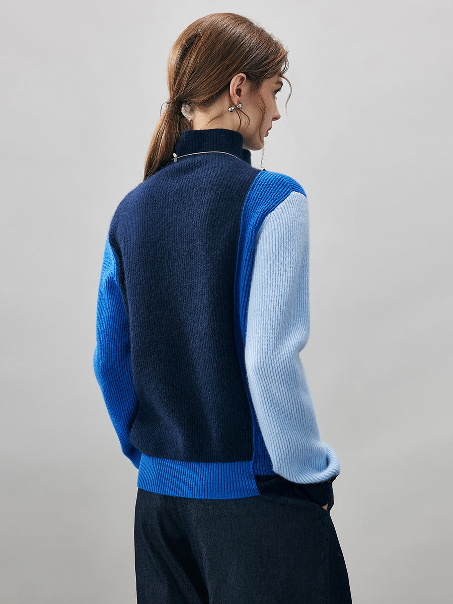 COMOBOCA 100% Cashmere Women's Color Block Turtleneck Sweater