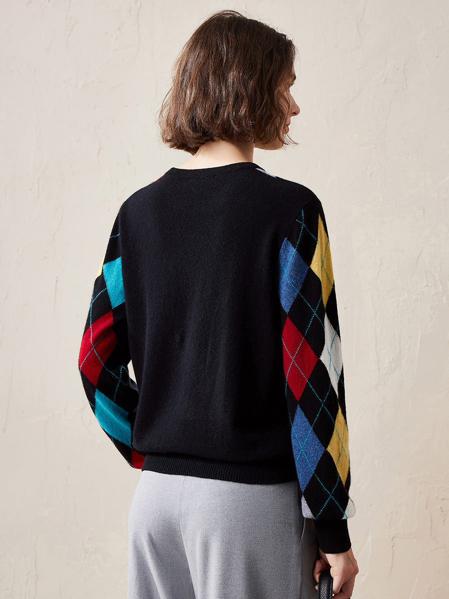 COMOBOCA 100% Cashmere Women's Argyle Pattern Colorful Knit Sweater