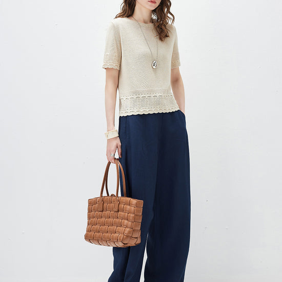 COMOBOCA Women's Scalloped Lace Trim Knit T-Shirt