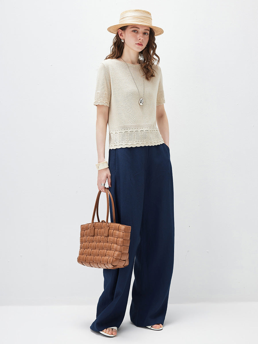 COMOBOCA Women's Scalloped Lace Trim Knit T-Shirt