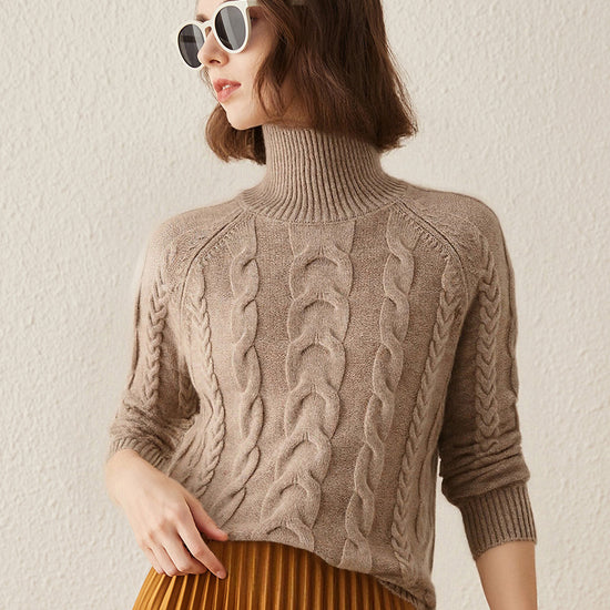 COMOBOCA Brown 100% Cashmere Women's Turtleneck Cable Knit Sweater