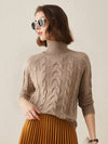 COMOBOCA Brown 100% Cashmere Women's Turtleneck Cable Knit Sweater