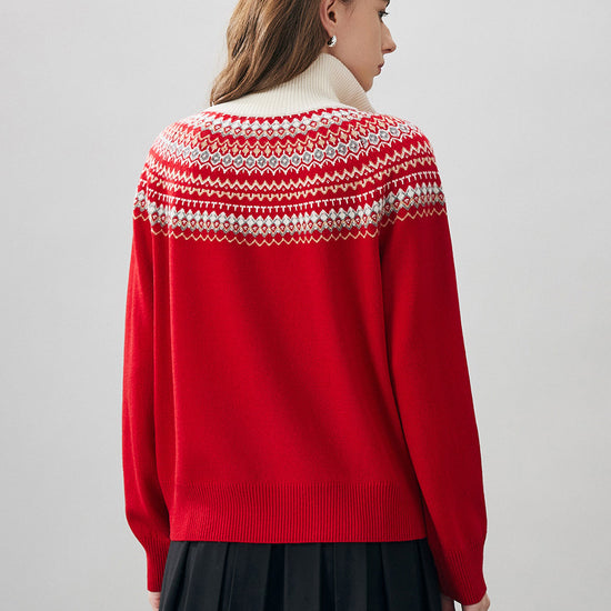 COMOBOCA 100% Wool Women's Fair Isle Zip Up Sweater