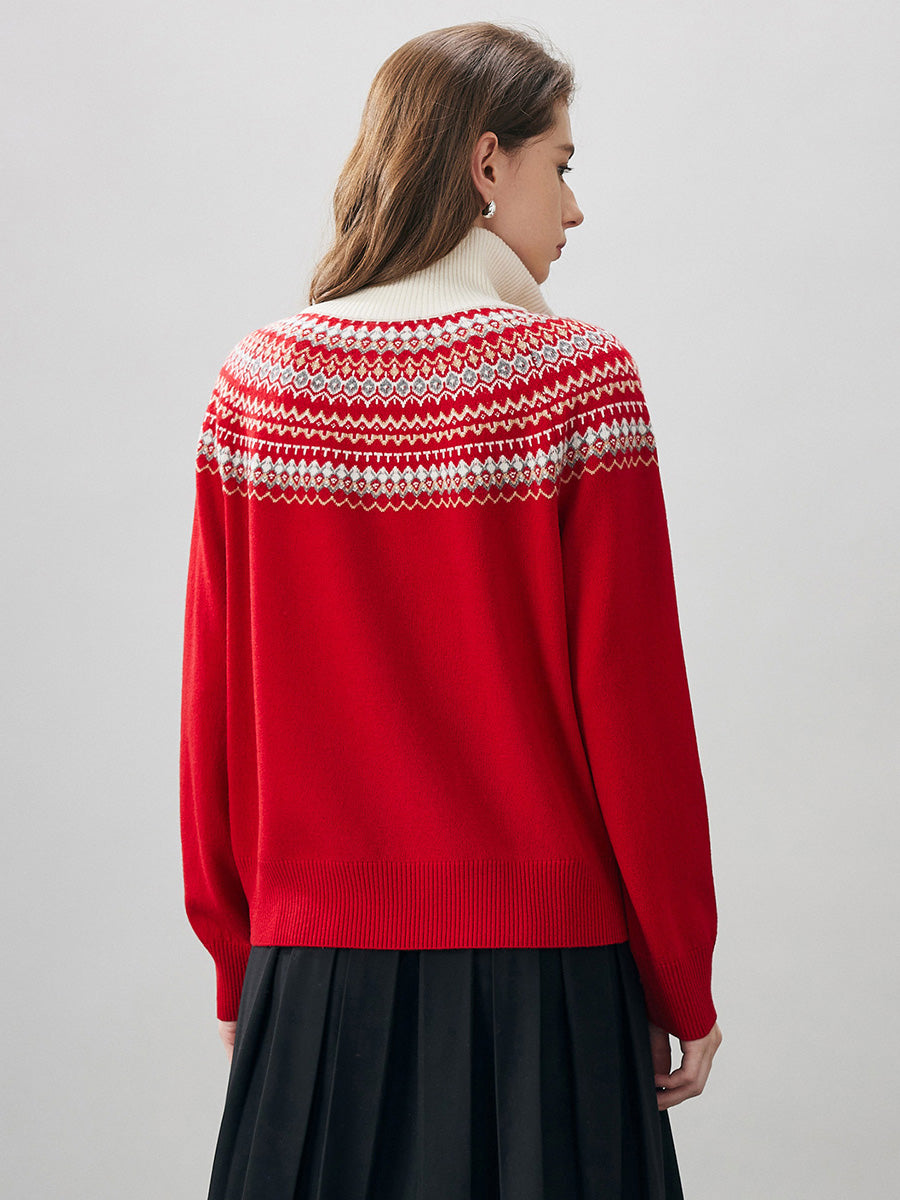 COMOBOCA 100% Wool Women's Fair Isle Zip Up Sweater