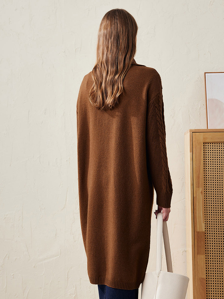 COMOBOCA 100% Wool Women's Cable Knit Long Front Button Coat