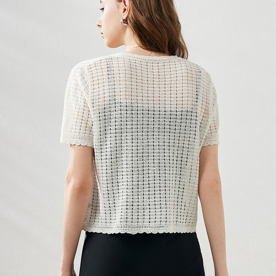 COMOBOCA Women's Linen Crochet Tie Short Sleeve Cardigan