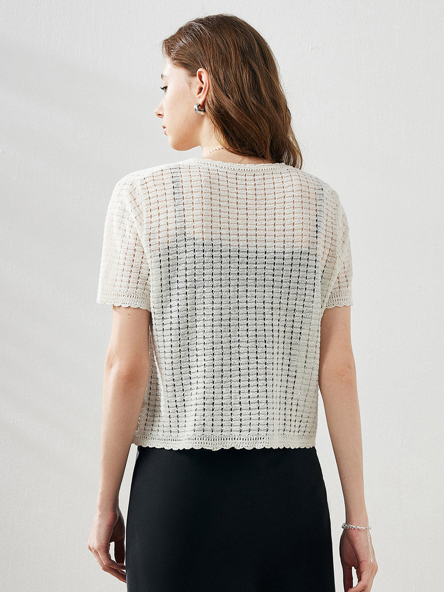 COMOBOCA Women's Linen Crochet Tie Short Sleeve Cardigan