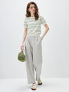 Women's Silk-Cotton Jacquard Stripe Knit Crew Neck Short Sleeve T-Shirt