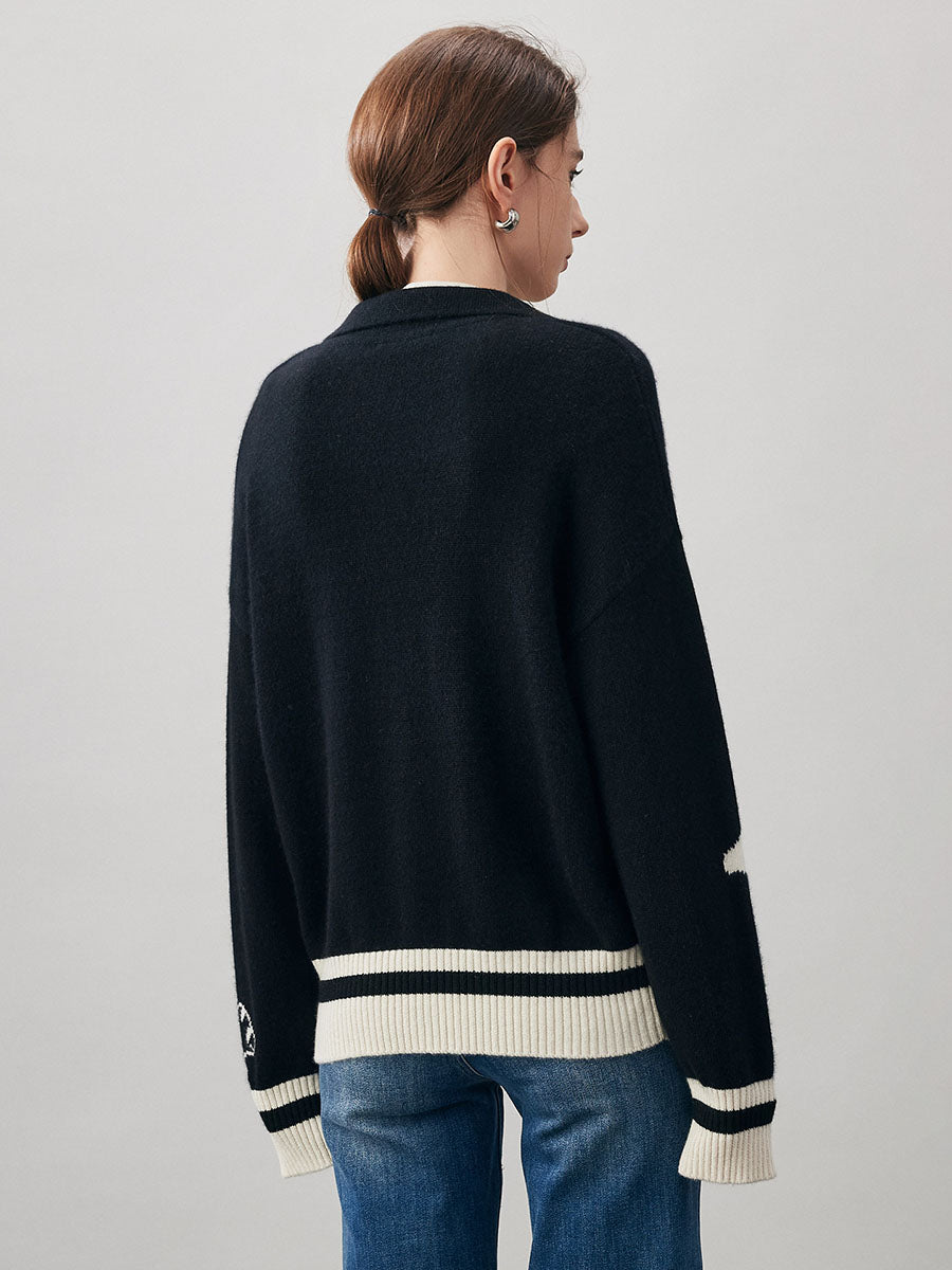 COMOBOCA 100% Cashmere Women's Panda Pattern Polo Collar Sweater