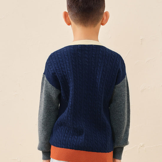 COMOBOCA 100% Wool Kids' Royal Embroidered Cable Knit Cardigan