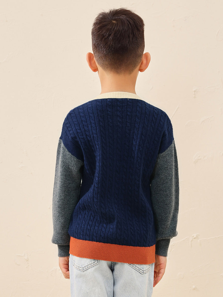 COMOBOCA 100% Wool Kids' Royal Embroidered Cable Knit Cardigan