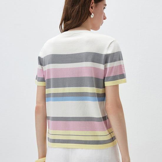 COMOBOCA Women's Farm Scene Striped Knit T-Shirt