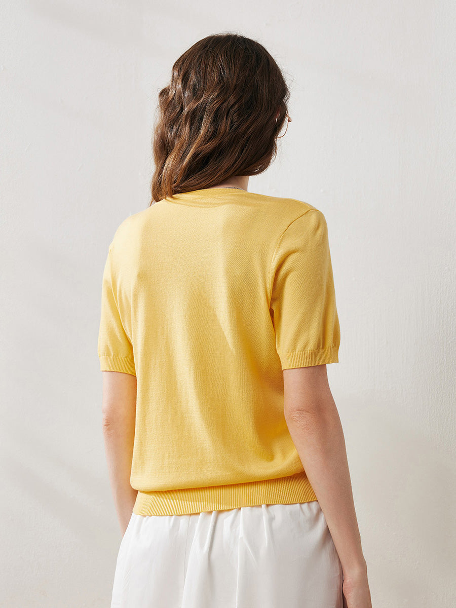 COMOBOCA Women's Lyocell V-Neck Ribbed Knit T-Shirt