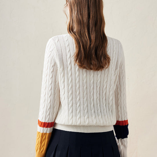 COMOBOCA 100% Wool Women's Colorblock Cable Knit Sweater