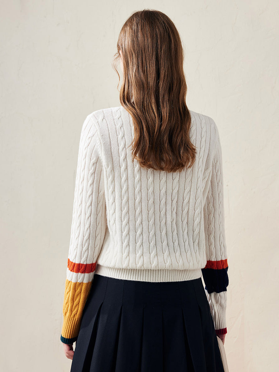 COMOBOCA 100% Wool Women's Colorblock Cable Knit Sweater