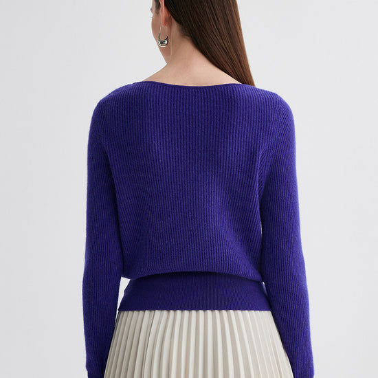 COMOBOCA 100% Cashmere Women's Round Neck Button Ribbed Knit Sweater