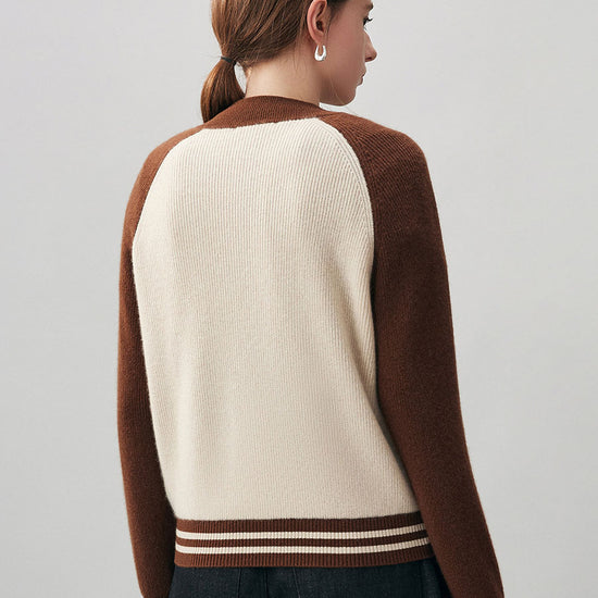 COMOBOCA 100% Cashmere Women's Color Block Knit Baseball Jacket