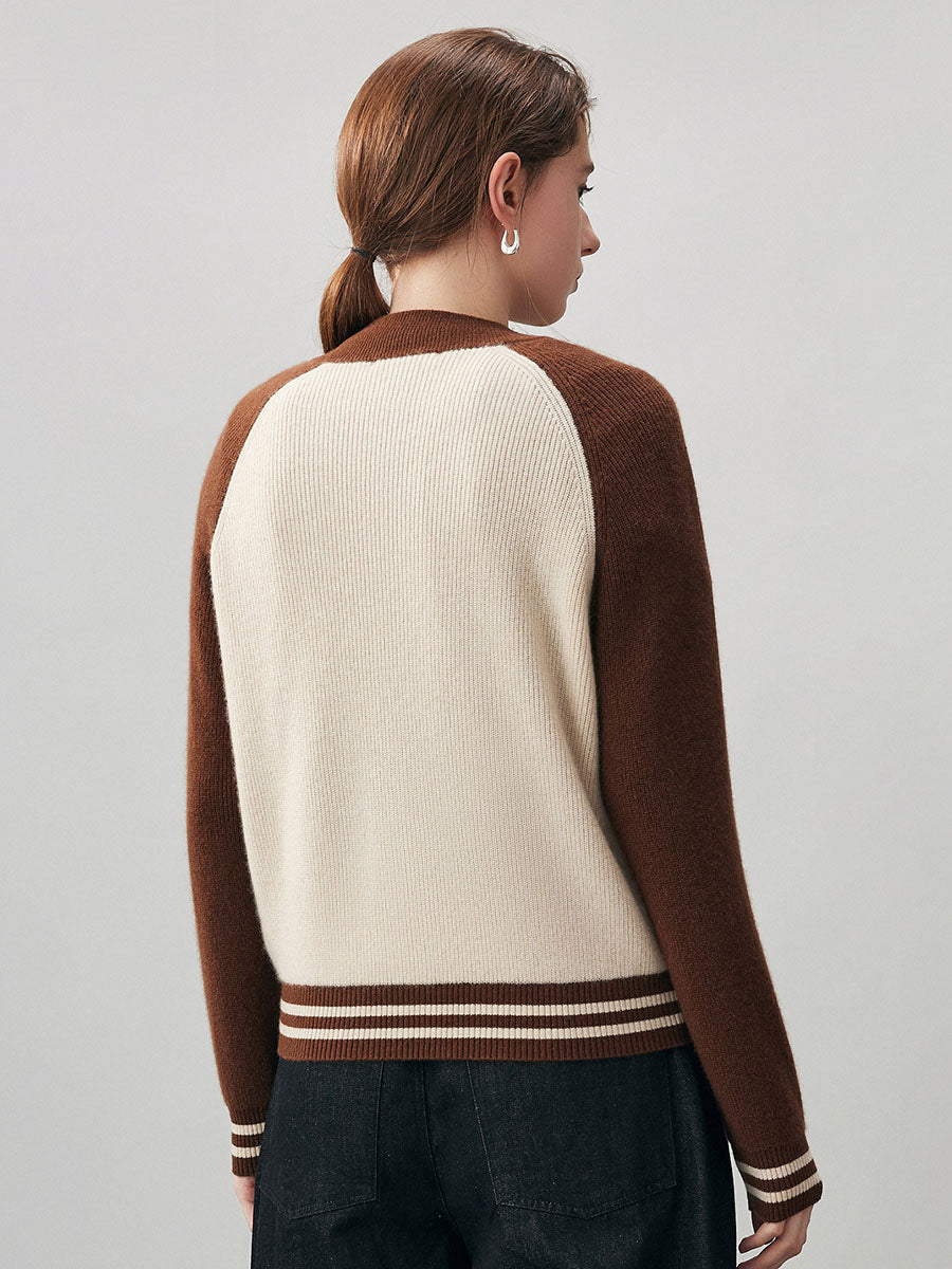 COMOBOCA 100% Cashmere Women's Color Block Knit Baseball Jacket