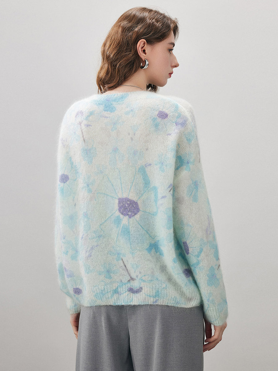 COMOBOCA Women's Floral Printed Round Neck Sweater