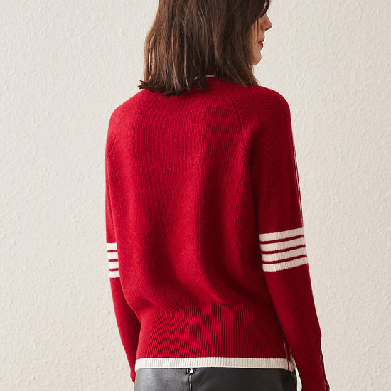 COMOBOCA 100% Cashmere Women's Striped Sleeve Round Neck Sweater
