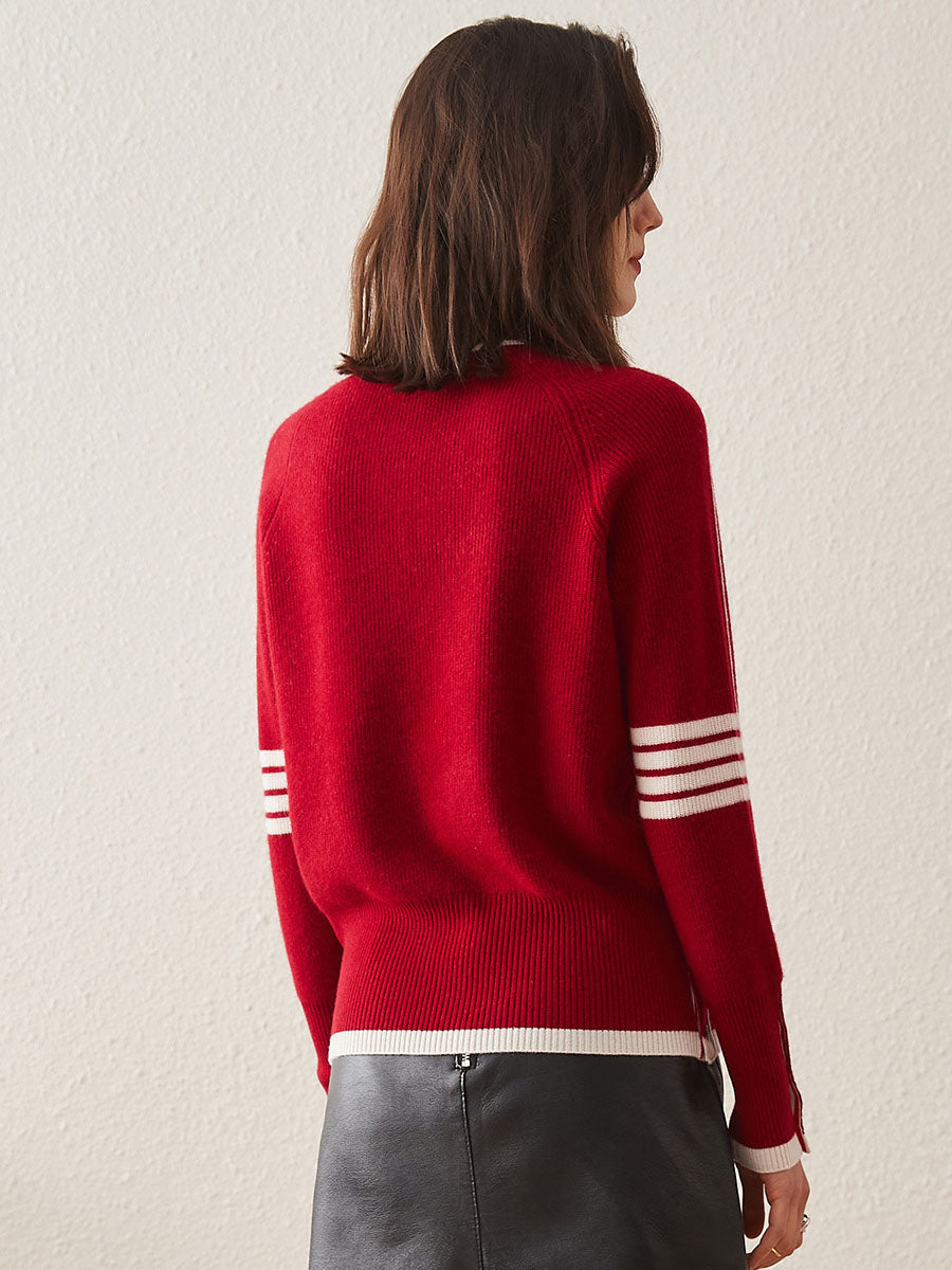 COMOBOCA 100% Cashmere Women's Striped Sleeve Round Neck Sweater