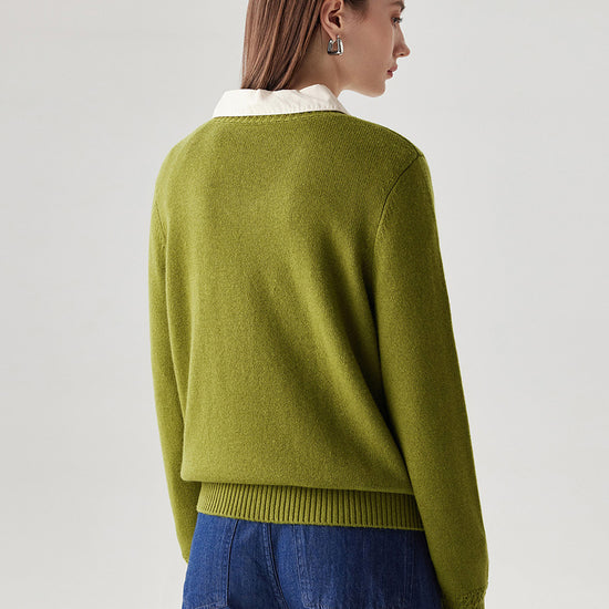 COMOBOCA 100% Wool Women's V-Neck Ribbed Knit Sweater