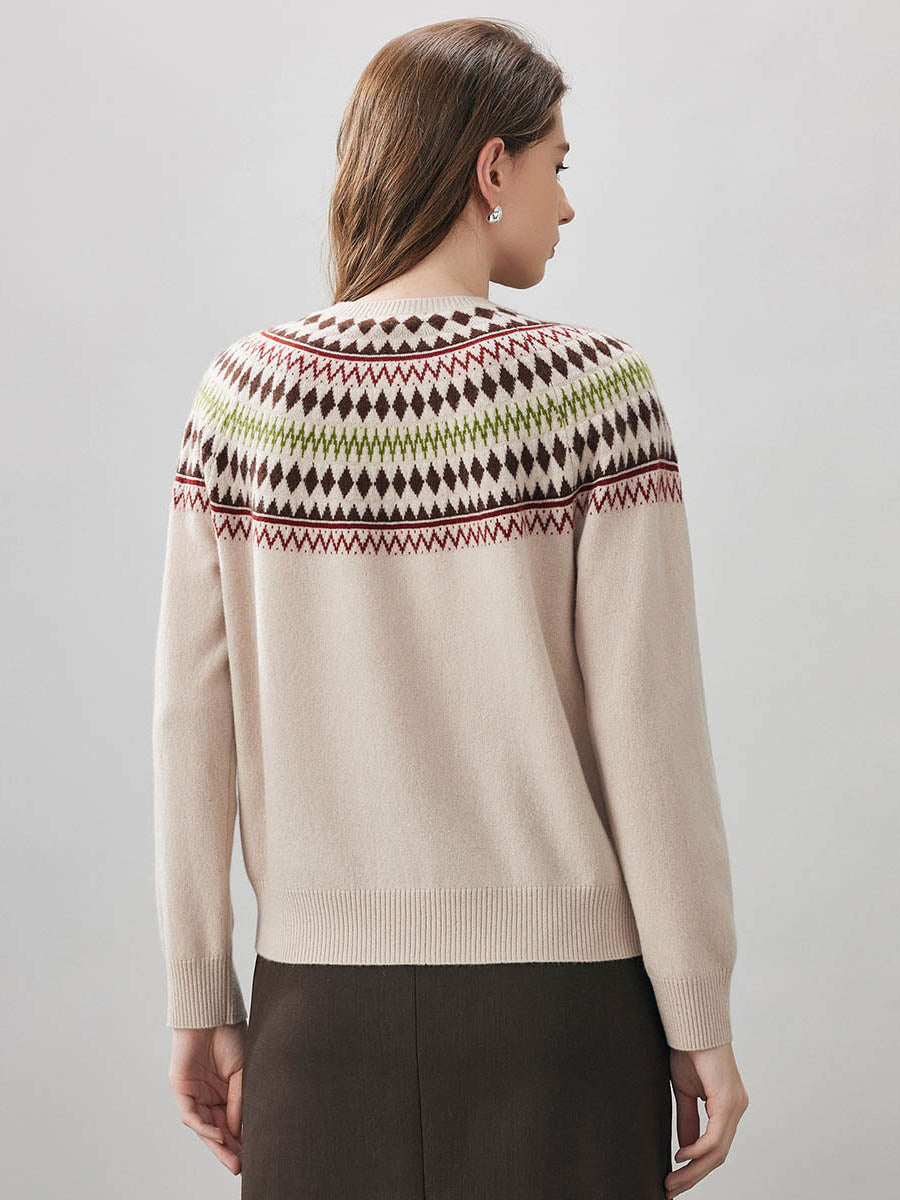 COMOBOCA 100% Wool Women's Geometric Fair Isle Knit Sweater